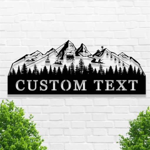Custom Skiing Metal Sign,Ski Mountain Scene Metal Wall Art,Ski Home Decor,Personalized Skier Name Sign,Ski Lift Chair Sign,Snow Skiing Sign