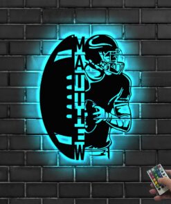 Personalized Ball American Football Metal Wall Art LED Light - Custom Player Name Sign Home Decor - Ideal for Home Decor & Gift