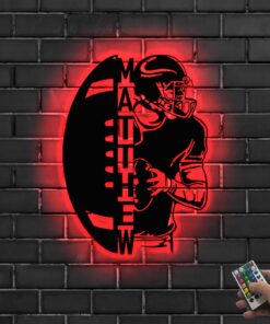 Personalized Ball American Football Metal Wall Art LED Light - Custom Player Name Sign Home Decor - Ideal for Home Decor & Gift