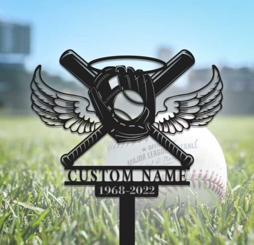 Custom Baseball With Wings Memorial Stake, Grave Marker, Remembrance Stake, Garden Decor, Personalized Baseball, Metal Stake, Sympathy Sign