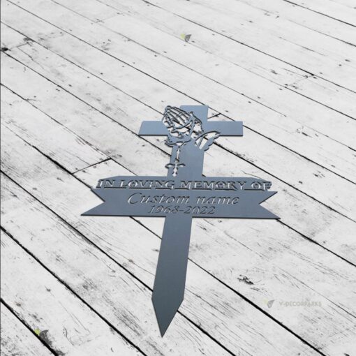 Personalized Cross With Praying Pand Memorial Stake, Dad Loss, Mom Loss, Religion Metal Stake, Sympathy Sign, Grave Marker,Remembrance Stake