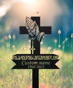 Personalized Cross With Praying Pand Memorial Stake, Dad Loss, Mom Loss, Religion Metal Stake, Sympathy Sign, Grave Marker,Remembrance Stake