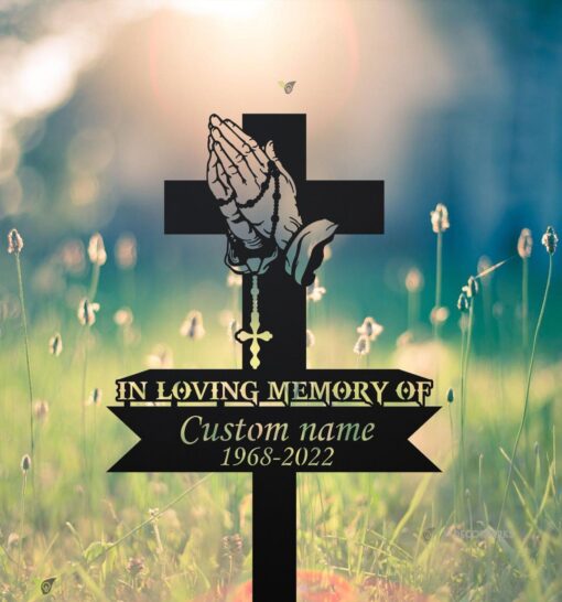 Personalized Cross With Praying Pand Memorial Stake, Dad Loss, Mom Loss, Religion Metal Stake, Sympathy Sign, Grave Marker,Remembrance Stake