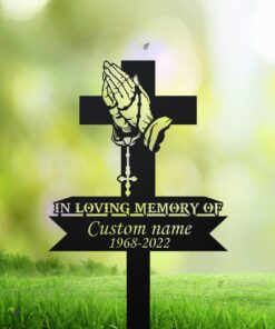 Personalized Cross With Praying Pand Memorial Stake, Dad Loss, Mom Loss, Religion Metal Stake, Sympathy Sign, Grave Marker,Remembrance Stake