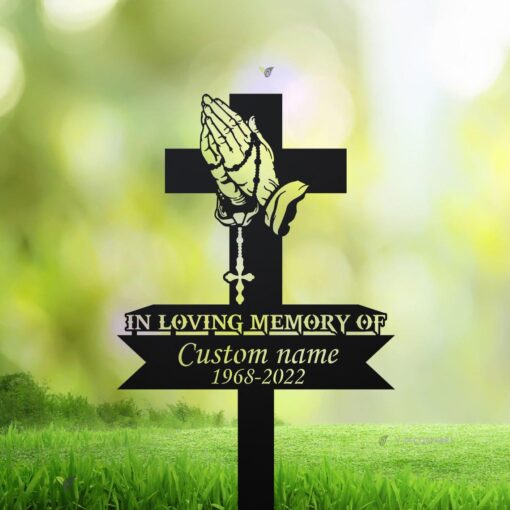 Personalized Cross With Praying Pand Memorial Stake, Dad Loss, Mom Loss, Religion Metal Stake, Sympathy Sign, Grave Marker,Remembrance Stake