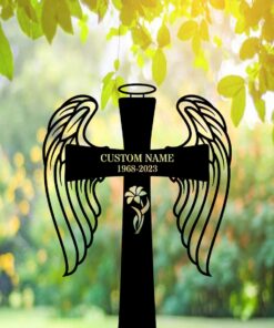 Personalized Cross With Wings Memorial Stake, Cross Sign, Metal Stake, Sympathy Sign, Grave Marker, Remembrance Stake, Garden Decor, Dad,Mom