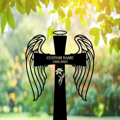 Personalized Cross With Wings Memorial Stake, Cross Sign, Metal Stake, Sympathy Sign, Grave Marker, Remembrance Stake, Garden Decor, Dad,Mom