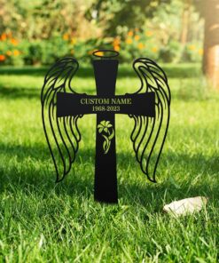 Personalized Cross With Wings Memorial Stake, Cross Sign, Metal Stake, Sympathy Sign, Grave Marker, Remembrance Stake, Garden Decor, Dad,Mom