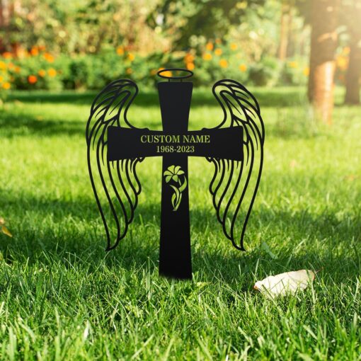 Personalized Cross With Wings Memorial Stake, Cross Sign, Metal Stake, Sympathy Sign, Grave Marker, Remembrance Stake, Garden Decor, Dad,Mom