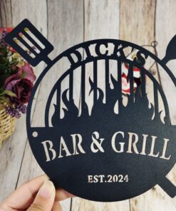 Personalized Bar and Grill Metal Sign, Custom Name BBQ Sign, Bar Wall Art Decor, Barbecue Sign for Dad, Housewarming Gift, Grilling Sign Father's Day Gift Idea