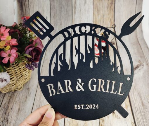 Personalized Bar and Grill Metal Sign, Custom Name BBQ Sign, Bar Wall Art Decor, Barbecue Sign for Dad, Housewarming Gift, Grilling Sign Father's Day Gift Idea