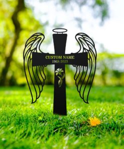 Personalized Cross With Wings Memorial Stake, Cross Sign, Metal Stake, Sympathy Sign, Grave Marker, Remembrance Stake, Garden Decor, Dad,Mom