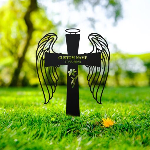 Personalized Cross With Wings Memorial Stake, Cross Sign, Metal Stake, Sympathy Sign, Grave Marker, Remembrance Stake, Garden Decor, Dad,Mom