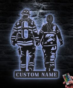 Custom Couple Firefighter Metal Wall Art LED Light Personalized Fireman Name Sign Home Decor Fire Department Decoration Valentine Day Gifs