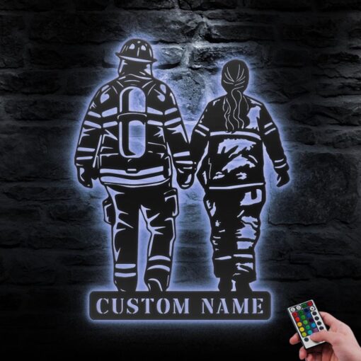 Custom Couple Firefighter Metal Wall Art LED Light Personalized Fireman Name Sign Home Decor Fire Department Decoration Valentine Day Gifs