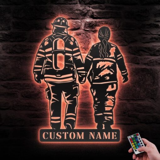 Custom Couple Firefighter Metal Wall Art LED Light Personalized Fireman Name Sign Home Decor Fire Department Decoration Valentine Day Gifs