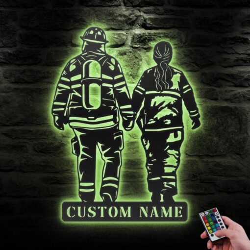 Custom Couple Firefighter Metal Wall Art LED Light Personalized Fireman Name Sign Home Decor Fire Department Decoration Valentine Day Gifs