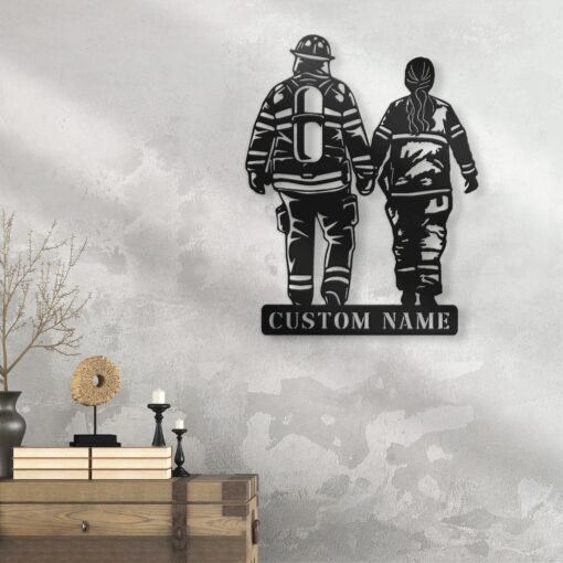 Custom Couple Firefighter Metal Wall Art LED Light Personalized Fireman Name Sign Home Decor Fire Department Decoration Valentine Day Gifs