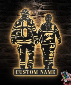 Custom Couple Firefighter Metal Wall Art LED Light Personalized Fireman Name Sign Home Decor Fire Department Decoration Valentine Day Gifs