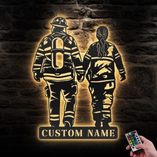 Custom Couple Firefighter Metal Wall Art LED Light Personalized Fireman Name Sign Home Decor Fire Department Decoration Valentine Day Gifs