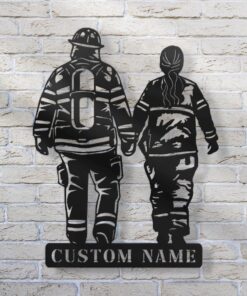 Custom Couple Firefighter Metal Wall Art LED Light Personalized Fireman Name Sign Home Decor Fire Department Decoration Valentine Day Gifs