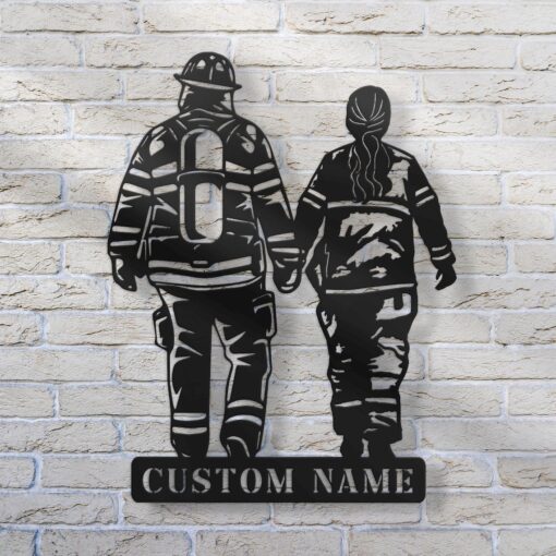 Custom Couple Firefighter Metal Wall Art LED Light Personalized Fireman Name Sign Home Decor Fire Department Decoration Valentine Day Gifs