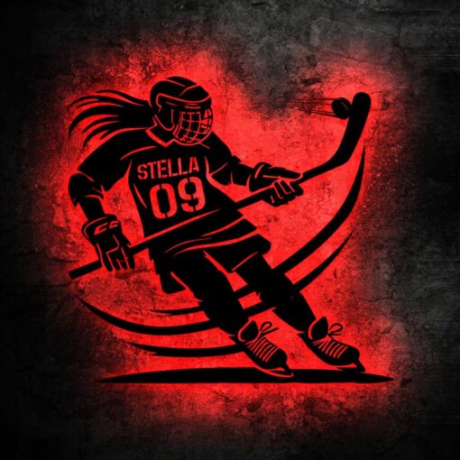 Custom Female Ice Hockey Metal Sign with Led lights, Personalized Hockey Player Name Sign, Female Hockey Sign, Gift for Hockey Player