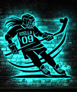 Custom Female Ice Hockey Metal Sign with Led lights, Personalized Hockey Player Name Sign, Female Hockey Sign, Gift for Hockey Player