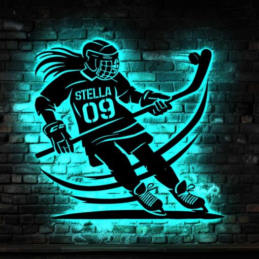 Custom Female Ice Hockey Metal Sign with Led lights, Personalized Hockey Player Name Sign, Female Hockey Sign, Gift for Hockey Player