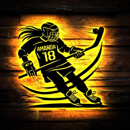 Custom Female Ice Hockey Metal Sign with Led lights, Personalized Hockey Player Name Sign, Female Hockey Sign, Gift for Hockey Player