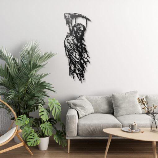 Grim Reaper Metal Wall Art, Dark Gothic Art, Skeleton Skull Wall Decor, Black Metal Wall Hanging for Living Room or Man Cave