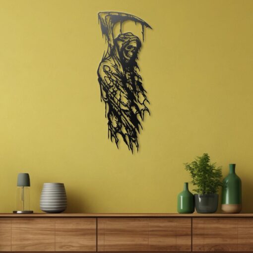 Grim Reaper Metal Wall Art, Dark Gothic Art, Skeleton Skull Wall Decor, Black Metal Wall Hanging for Living Room or Man Cave