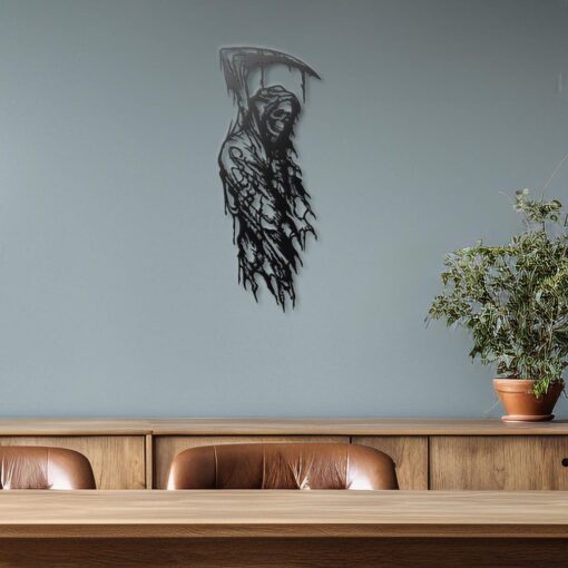Grim Reaper Metal Wall Art, Dark Gothic Art, Skeleton Skull Wall Decor, Black Metal Wall Hanging for Living Room or Man Cave