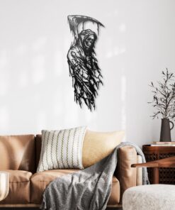Grim Reaper Metal Wall Art, Dark Gothic Art, Skeleton Skull Wall Decor, Black Metal Wall Hanging for Living Room or Man Cave