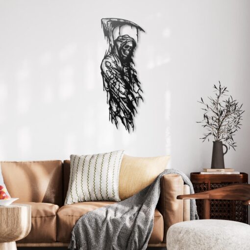 Grim Reaper Metal Wall Art, Dark Gothic Art, Skeleton Skull Wall Decor, Black Metal Wall Hanging for Living Room or Man Cave
