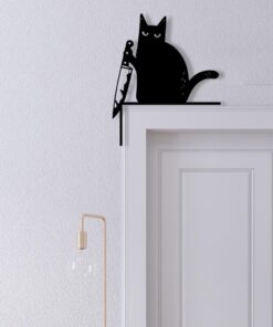 Halloween Funny Black Cat with Knife Decor, Door Frame Cat Decor, Halloween Cat Gift, Door Corner Cat Sign, Funny Black Cat Gift,Door Topper