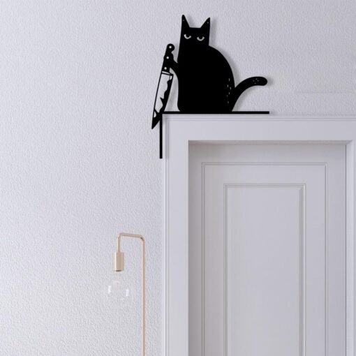 Halloween Funny Black Cat with Knife Decor, Door Frame Cat Decor, Halloween Cat Gift, Door Corner Cat Sign, Funny Black Cat Gift,Door Topper