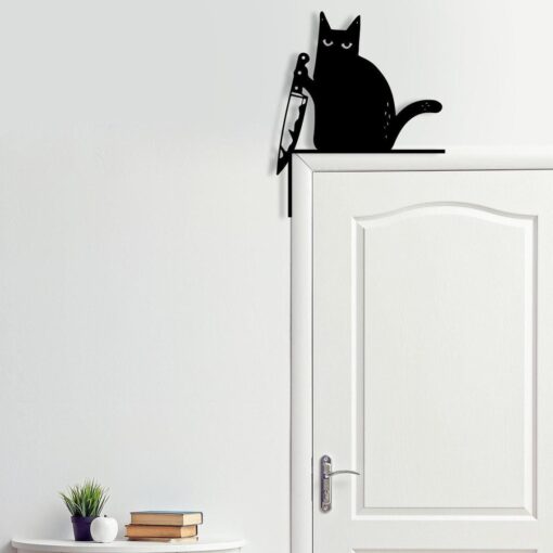 Halloween Funny Black Cat with Knife Decor, Door Frame Cat Decor, Halloween Cat Gift, Door Corner Cat Sign, Funny Black Cat Gift,Door Topper