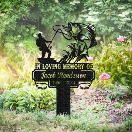 Personalized Fishing Memorial Stake Metal,Fisherman With Stake Outdoor Decor,Fisherman Memorial Gift,Fishing Dad Sympathy,Grave Marker