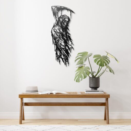 Grim Reaper Metal Wall Art, Dark Gothic Art, Skeleton Skull Wall Decor, Black Metal Wall Hanging for Living Room or Man Cave