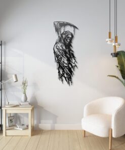 Grim Reaper Metal Wall Art, Dark Gothic Art, Skeleton Skull Wall Decor, Black Metal Wall Hanging for Living Room or Man Cave