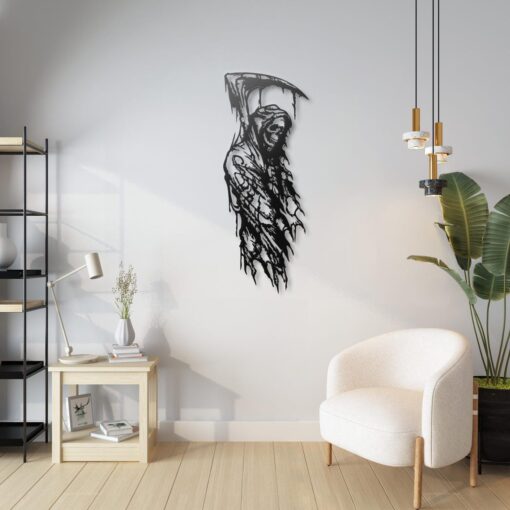 Grim Reaper Metal Wall Art, Dark Gothic Art, Skeleton Skull Wall Decor, Black Metal Wall Hanging for Living Room or Man Cave