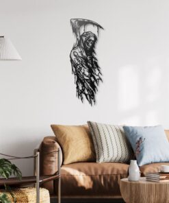 Grim Reaper Metal Wall Art, Dark Gothic Art, Skeleton Skull Wall Decor, Black Metal Wall Hanging for Living Room or Man Cave