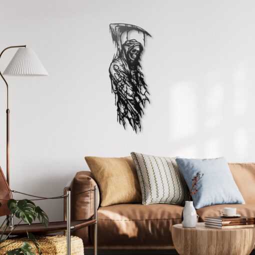 Grim Reaper Metal Wall Art, Dark Gothic Art, Skeleton Skull Wall Decor, Black Metal Wall Hanging for Living Room or Man Cave