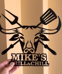 Personalized Metal BBQ Sign Custom Name Grill & Chill Lounge Outdoor Barbecue Decor Dad's BBQ Sign Housewarming Gift with Bull Head