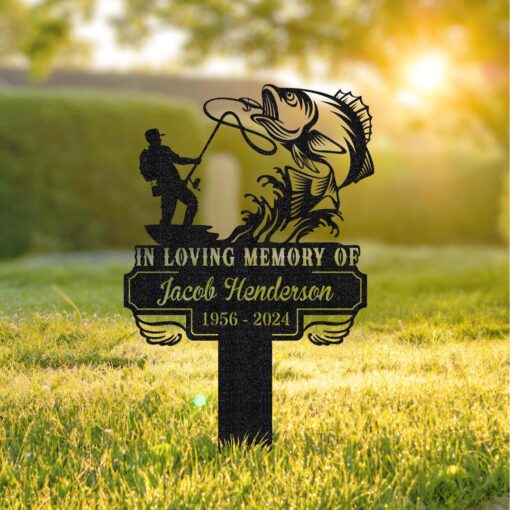 Personalized Fishing Memorial Stake Metal,Fisherman With Stake Outdoor Decor,Fisherman Memorial Gift,Fishing Dad Sympathy,Grave Marker