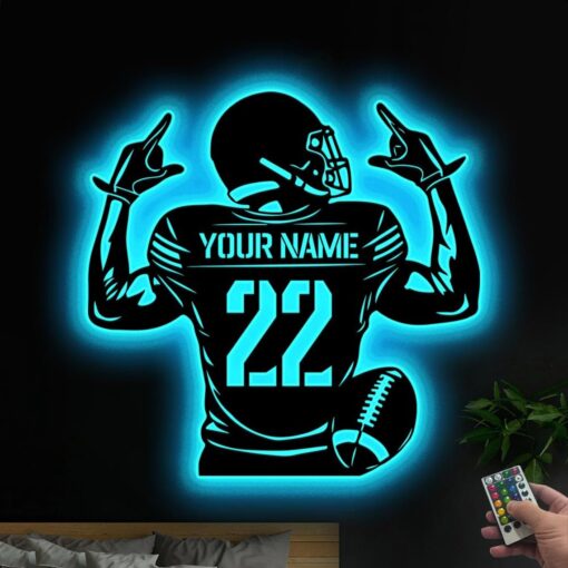 Custom American Football Player Metal Wall Art Led Lights,Personalized Football Player Name Sign Decoration For Room,Football Sign Xmas Gift