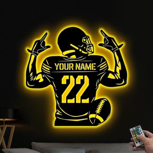 Custom American Football Player Metal Wall Art Led Lights,Personalized Football Player Name Sign Decoration For Room,Football Sign Xmas Gift