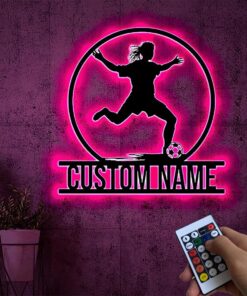 Personalized Female Soccer Player Metal Wall Art With Led Lights, Soccer Player Sign, Sport Sign,Dorm Decoration Gift For Daughter