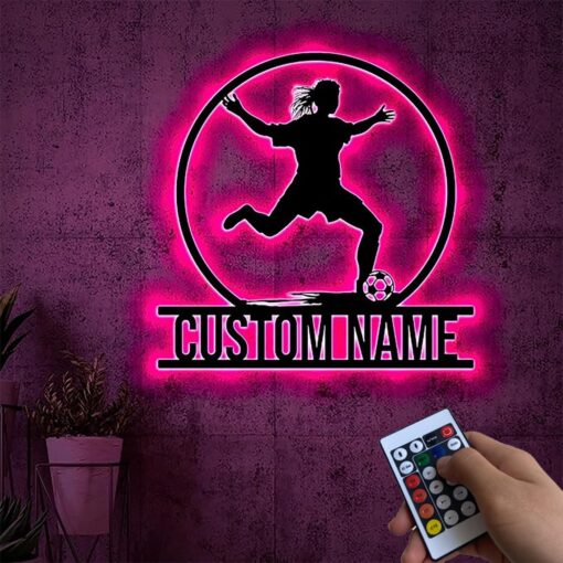 Personalized Female Soccer Player Metal Wall Art With Led Lights, Soccer Player Sign, Sport Sign,Dorm Decoration Gift For Daughter